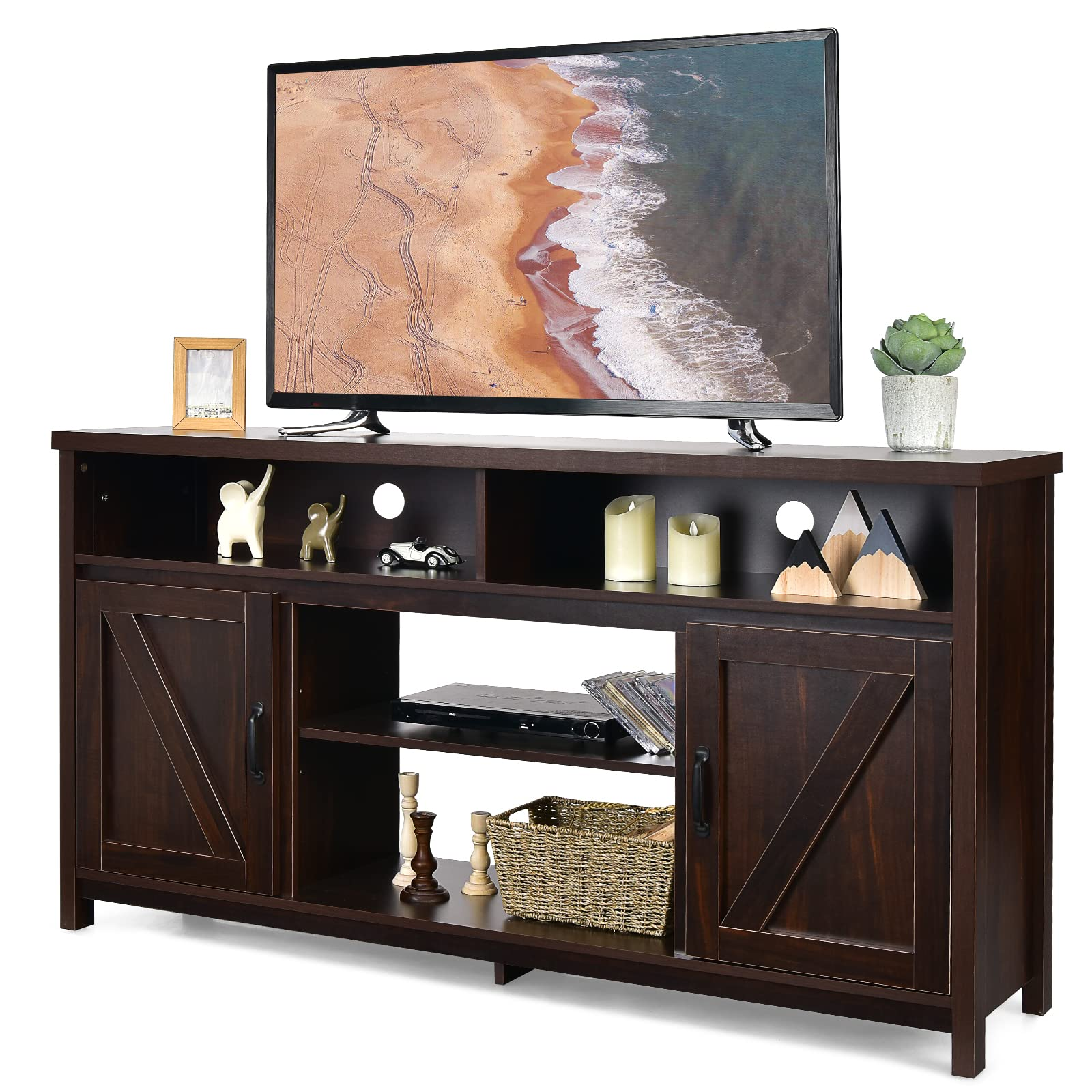 Meuble TV de style ferme moderne Tangkula avec portes coulissantes doubles